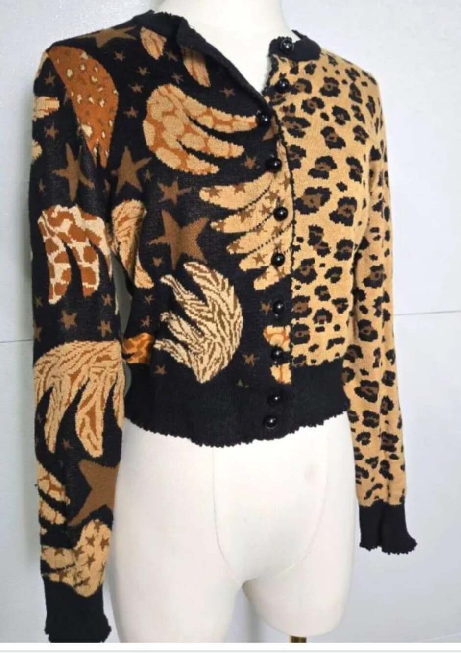 FARM Rio Mixed Animal Print Banana Leopard Buttoned Cardigan Sweater, XXS